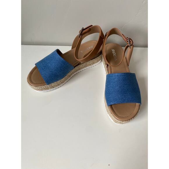 Women's Soda Open Toe Denim and Tan Espadrilles Wedge Sandals- Size 8.5 - Picture 4 of 6
